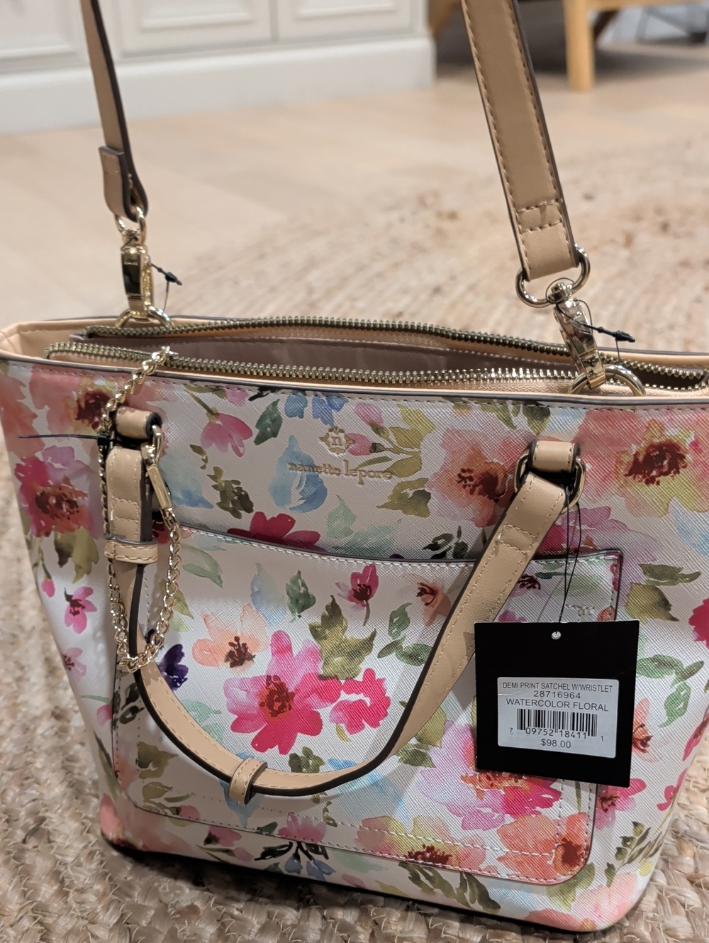 Nanette Lepore Floral Tote in Cream with Pink, Green and Blue Accents